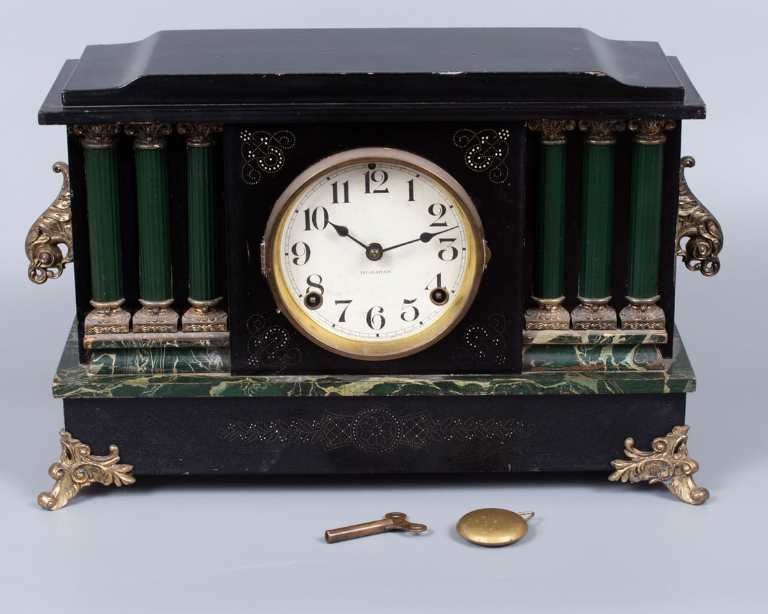 A Wood and Green Marble Portico Mantle Clock, USA, Early 20th Century: A Wood and Green Marble Portico Mantle Clock, USA, Early 20th Century A wooden mantel clock with a painted finish imitating marble, featuring decorative columns and delicate dotted decoration. Applied