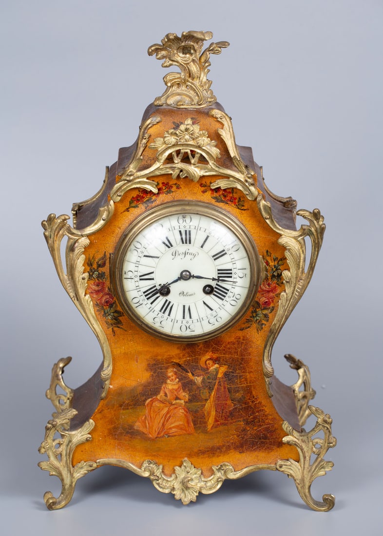 A DESFRAY Wood and Ormolu Mantel Clock, France, Late 19th-Early 20th Century: A DESFRAY Wood and Ormolu Mantel Clock, France, Late 19th-Early 20th Century In an architectural wood case raised on four sculpted leaf-form feet, the body decorated with a painted romantic scene and