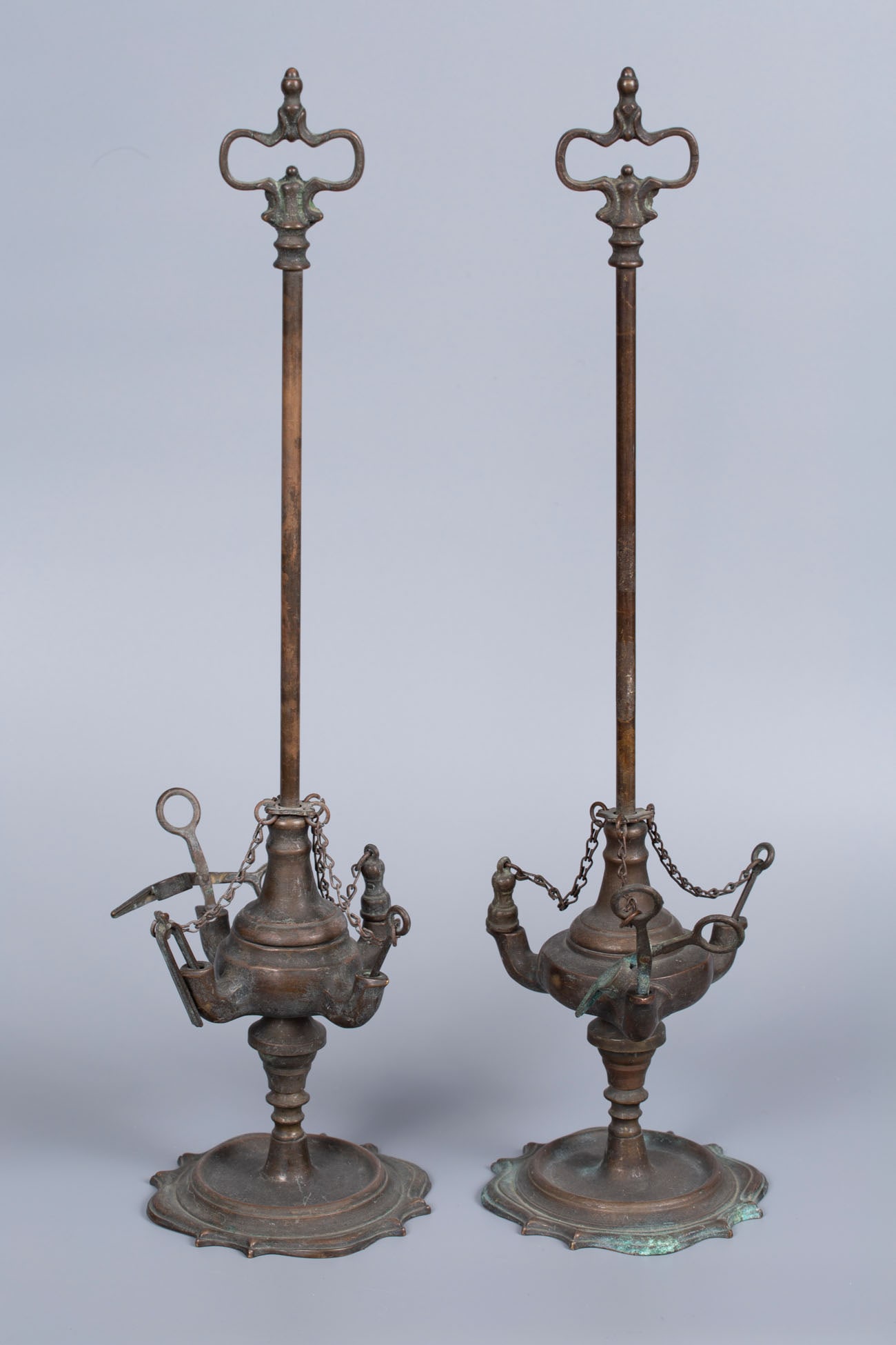 A Fine Set of Three Italian Brass Lucerne Lamps, Mid-19th Century: A Fine Set of Three Italian Brass Lucerne Lamps, Mid-19th Century