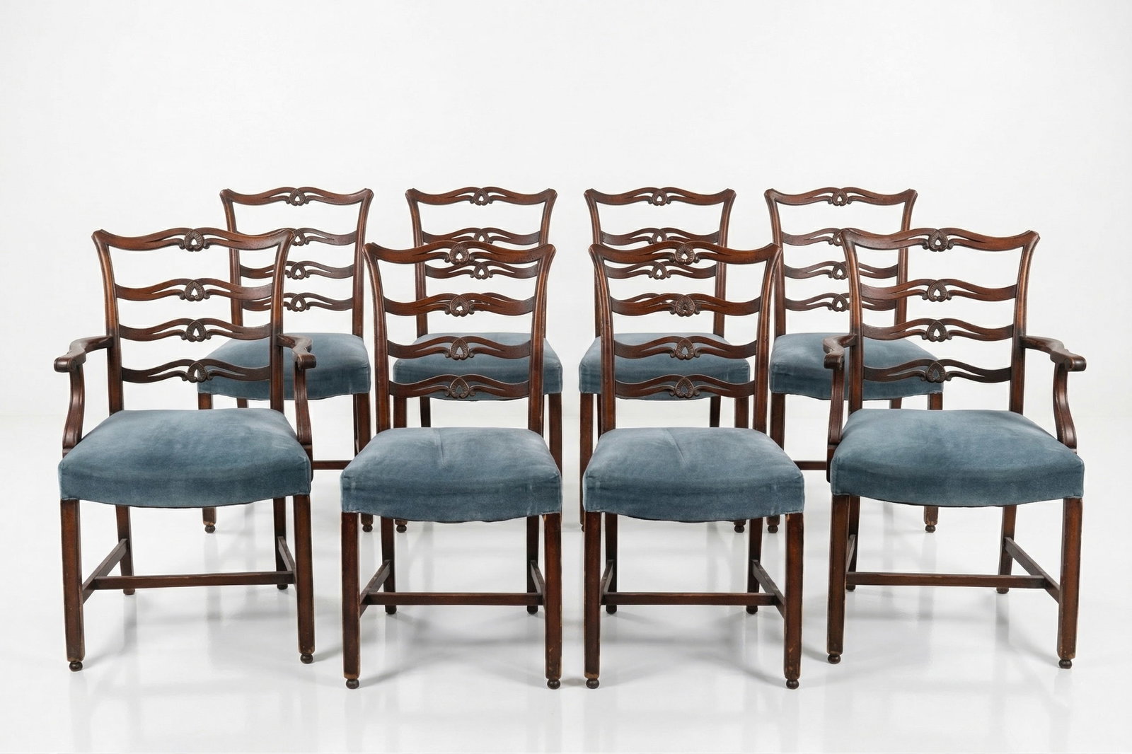 Set of 6 Antiques Chairs made of wood Wood, Europe: Set of 6 Antiques Chairs made of wood Wood, Europe A set comprising six chairs and two armchairs, made of carved wood. Shaped backrests with decorative horizontal splats. Upholstered seats in blue vel