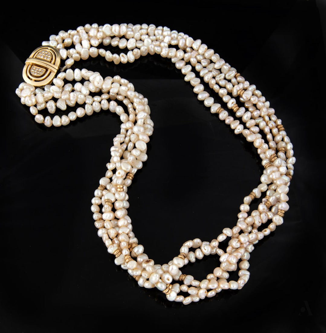 A 14K Yellow Gold Diamond and Pearl Five-Strand Necklace: A 14K Yellow Gold Diamond and Pearl Five-Strand Necklace Five strands of pearls combined interspersed with gold beads and fitted with a yellow gold clasp accented with small diamonds. Marked and gold 