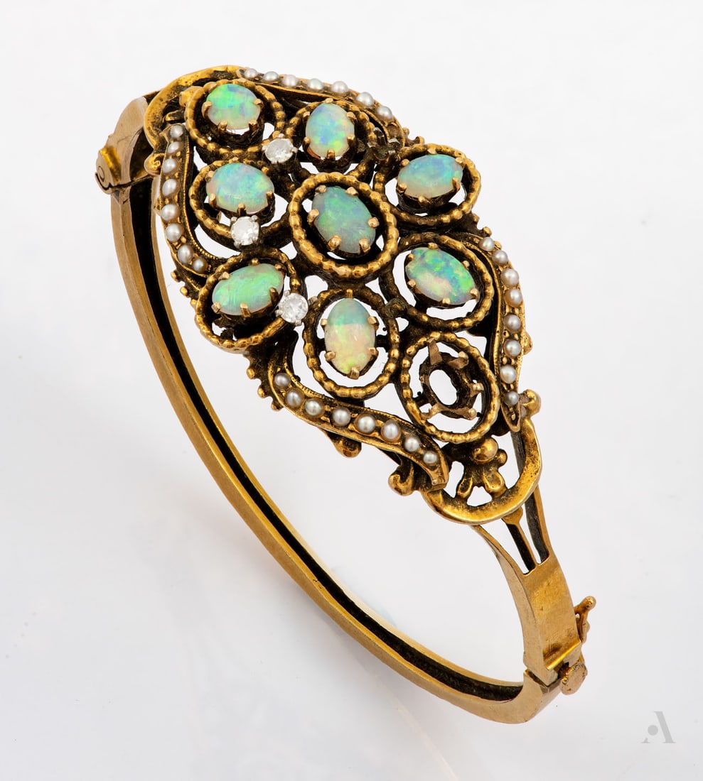 A Vintage 14K Yellow Gold Opal Pearl and Diamond Bangle Bracelet (1 of 4)