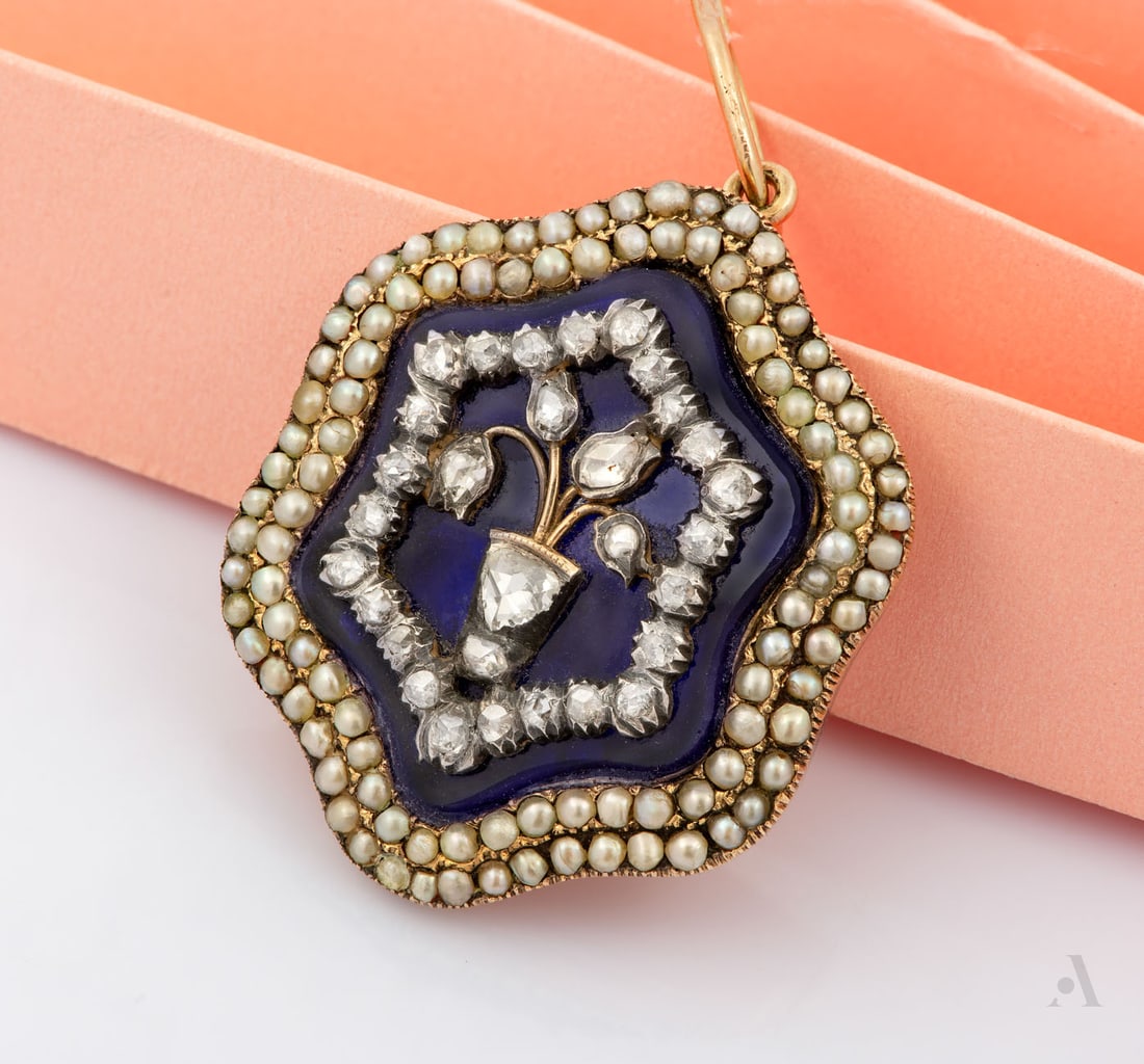A Charming Victorian 14K Yellow Gold Diamond Pearl and Bristol Glass Pendant (1 of 3)