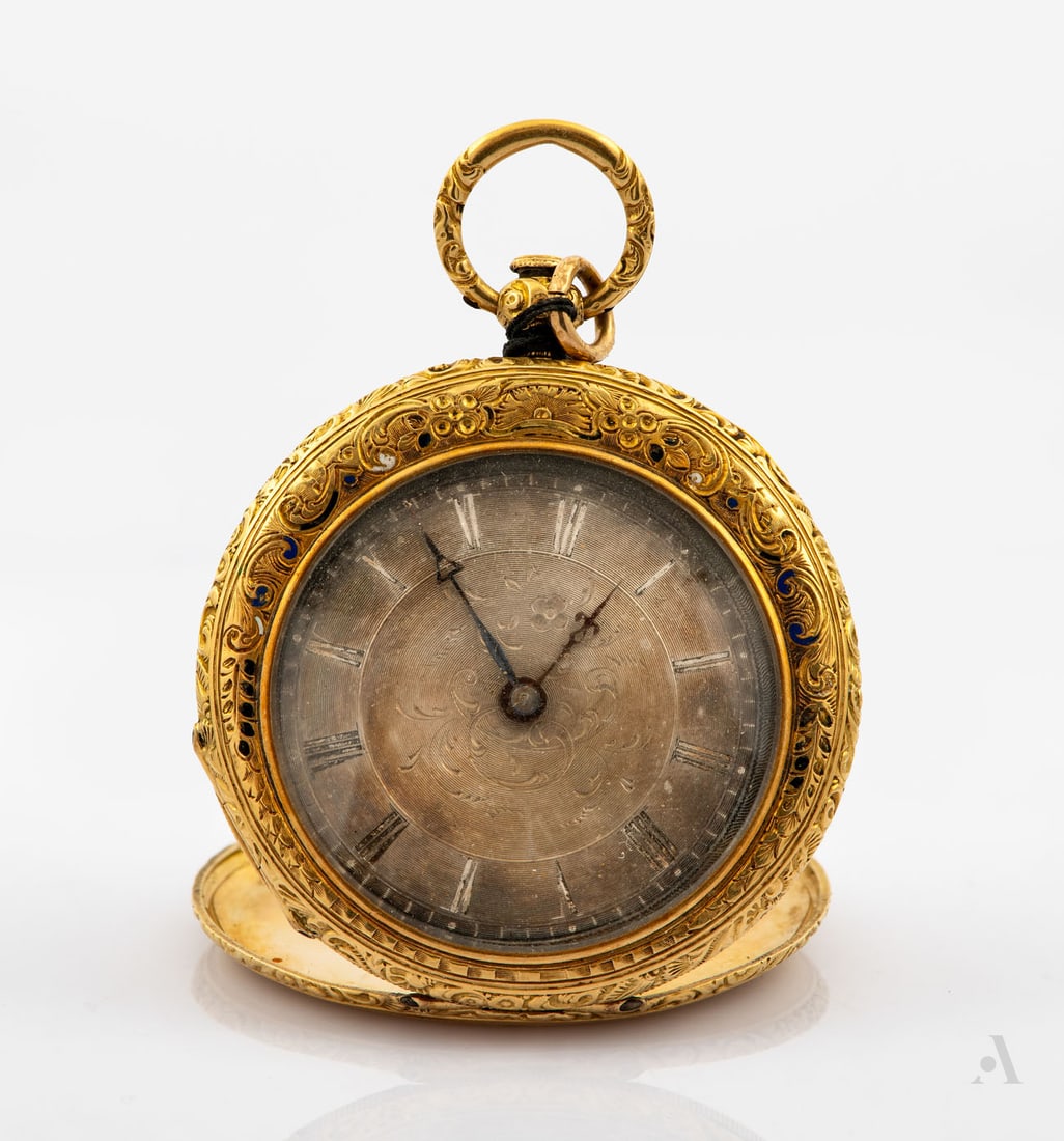 An 18K Yellow Gold Pocket Watch, Switzerland, Early 19th Century: An 18K Yellow Gold Pocket Watch, Switzerland, Early 19th Century Triple lidded. The front bezel and outer back lid engraved with rocaille and traces of enamel. The dial a distinctive s