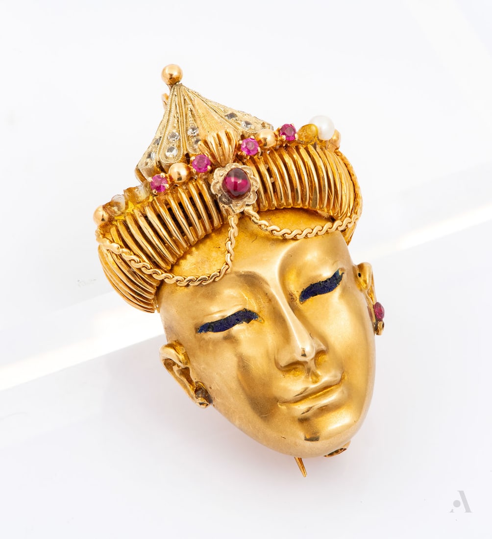 An 18K Yellow Gold Ruby Gemstone Pearl and Enamel Brooch (1 of 4)
