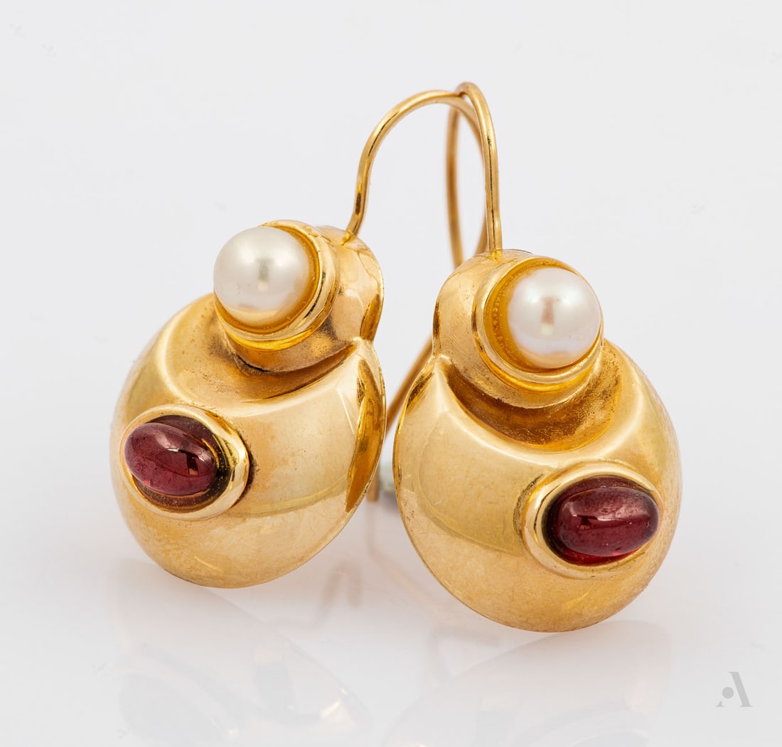 A Pair of 14K Yellow Gold Garnet and Pearl Earrings (1 of 3)