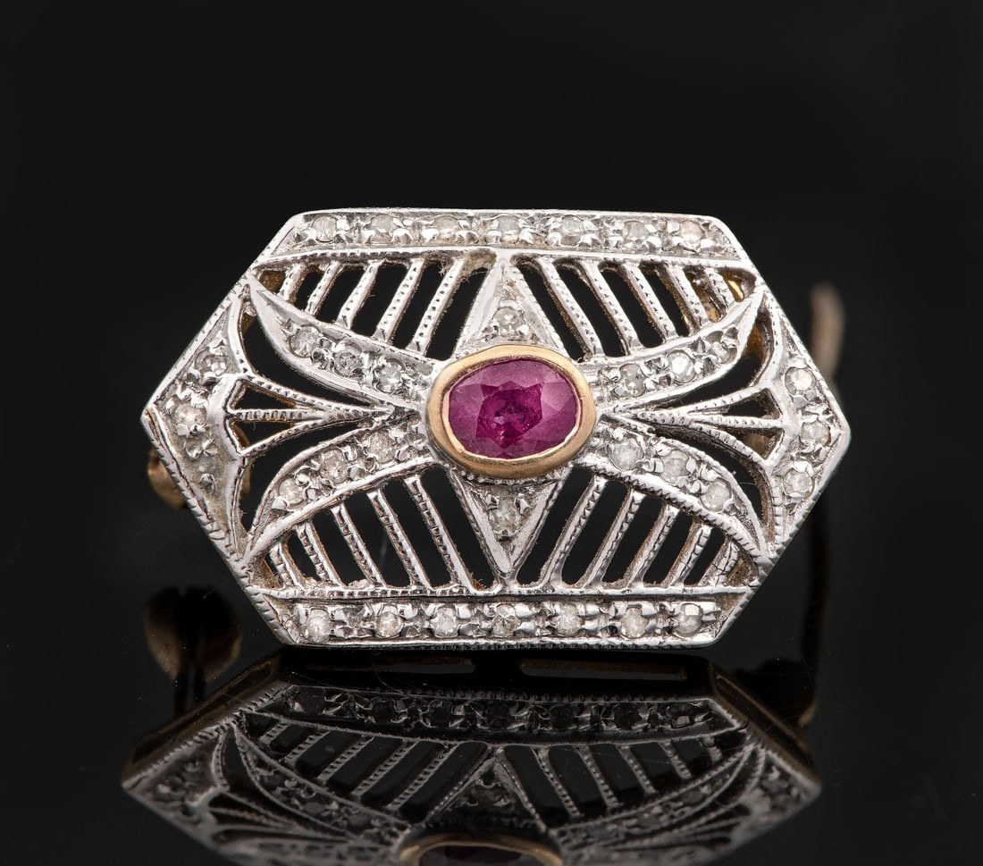 A 14K Two-Tone Gold Diamond Ruby or Tourmaline Brooch (1 of 2)