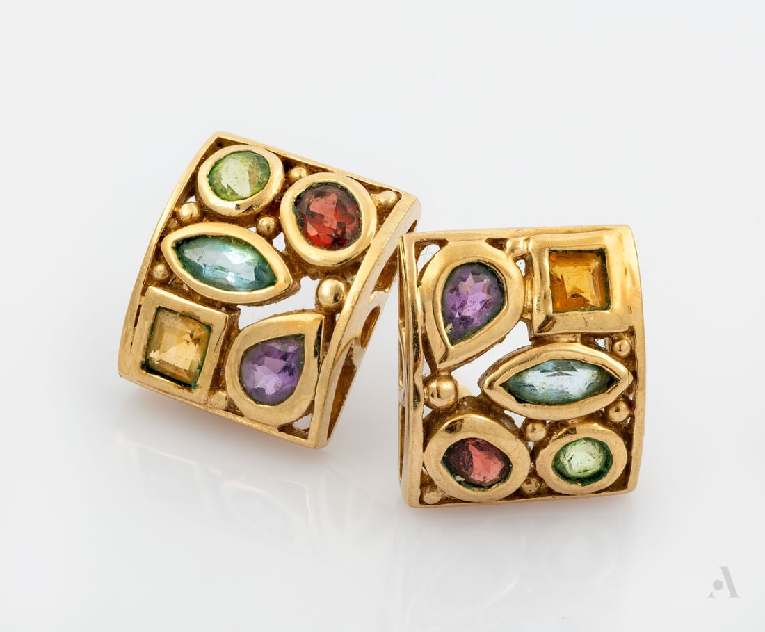 A Pair of 10K Yellow Gold and Multi-Gem Earrings: A Pair of 10K Yellow Gold and Multi-Gem Earrings Set with various gemstones in assorted cuts, including amethyst, garnet, and topaz in gold settings and fitted in a square gold frame. One earring lack