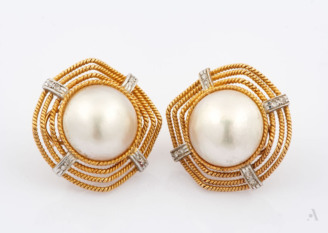 A Pair of Vintage 14K Two Tone Gold Diamond and Mabe Pearl Clip Earrings (1 of 2)