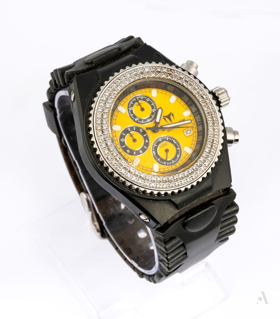TechnoMarine Raft RSX Men's Wristwatch with Gem-Set Bezel: TechnoMarine Raft RSX Men's Wristwatch with Gem-Set Bezel Movement: Swiss quartz. Complication: Chronograph with three sub-dials, date display. Case: Sport case with gem-set bezel. Dial: Y