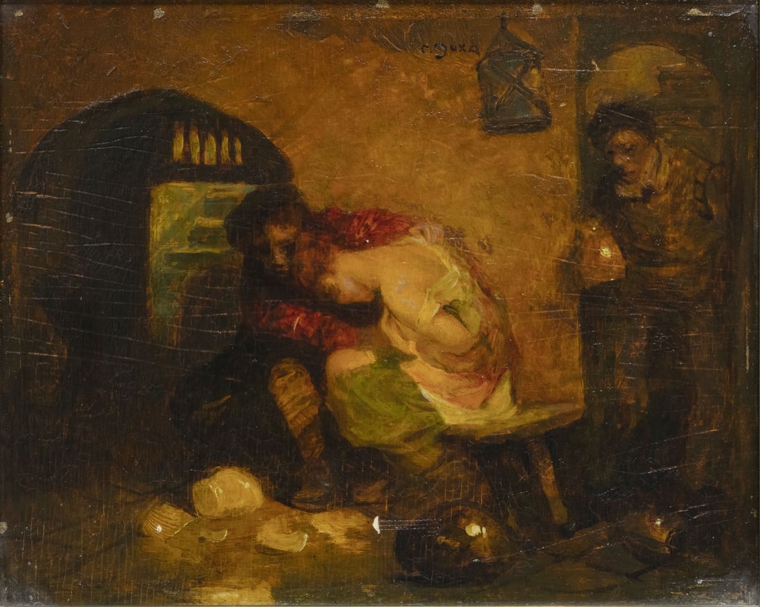 Carl Duxa (1871-1937), Spilled Milk: Carl Duxa (1871-1937), Spilled Milk Oil on wood Signed (upper middle). 21 x 26 cm Provenance: Estate of Chava and Mordechai Genis. Condition: For a condition re