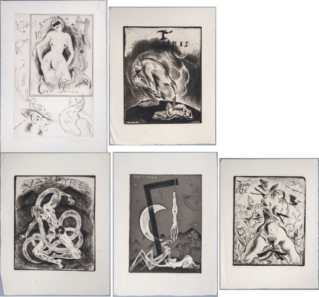 Michel Fingesten (1884-1943), Five Erotic Etchings: Michel Fingesten (1884-1943), Five Erotic Etchings Etching 1. ' VAMPYRE' - Signed and dated '16 (lower right), inscribed (lower left), and titled in the plate. 23 x 19.5 cm. 2