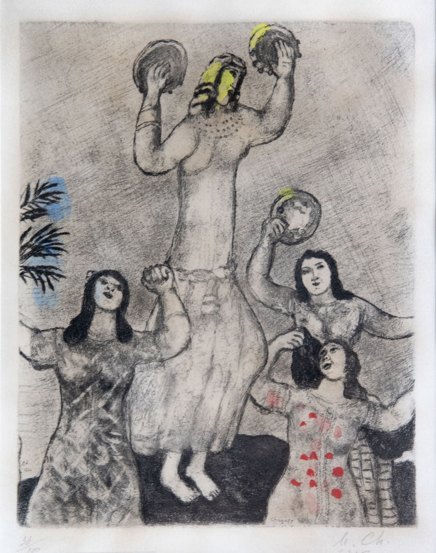 Marc Chagall (1887-1985), Dance of Miriam from the Bible Series: Marc Chagall (1887-1985), Dance of Miriam from the Bible Series Watercolor on etching on Arches wove paper 1958 Signed (lower right) and numbered 37/100 (lower left). Printed by Teriade/Raymond Haasen