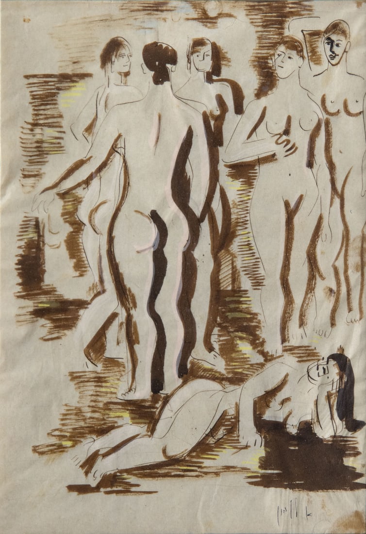 Arieh Lubin (1897-1980), Women Bathing: Arieh Lubin (1897-1980), Women Bathing Watercolor and pencil on paper Signed (lower right). 27 x 20 cm Condition: For a condition report, please contact office@alma.auction. A