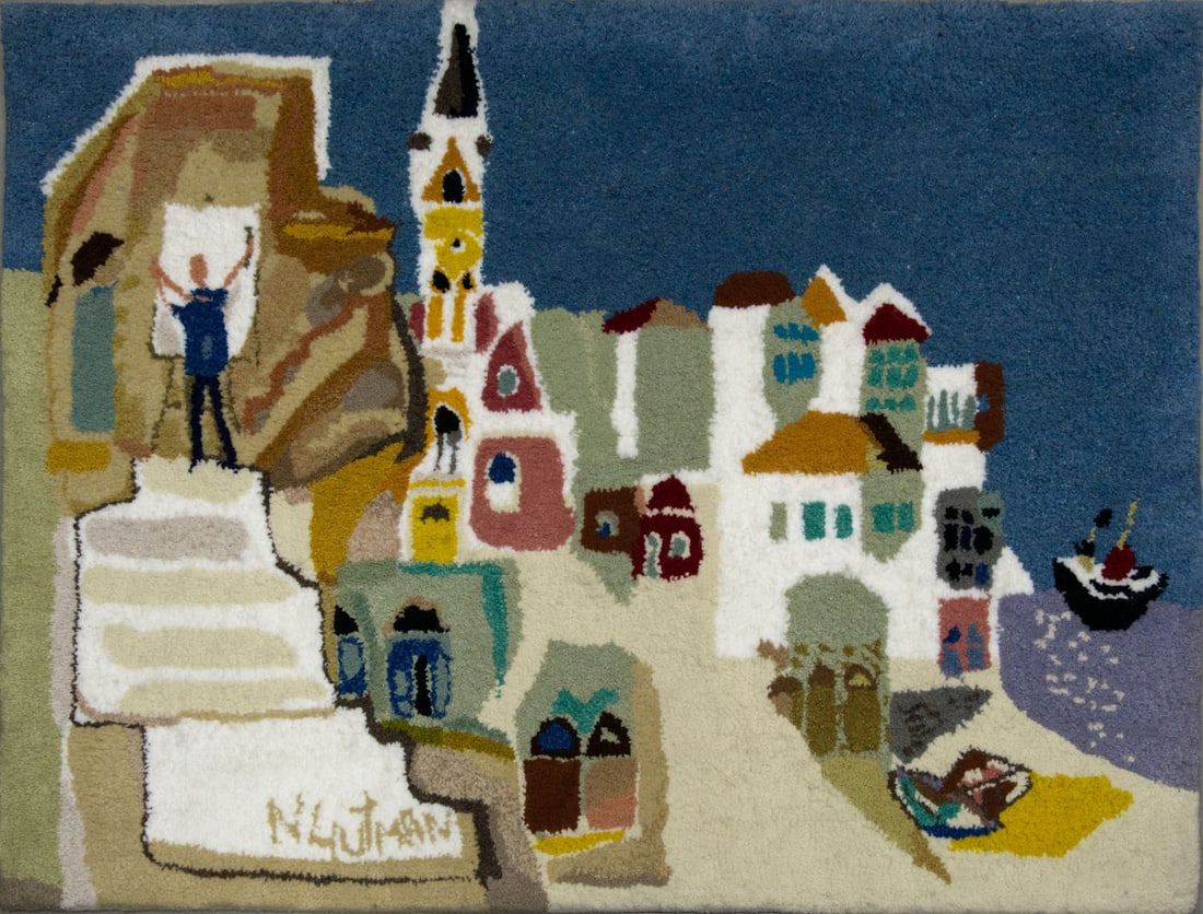 Nachum Gutman (1898-1980), Jaffa: Nachum Gutman (1898-1980), Jaffa Tapestry 100 x 120 cm Condition: For a condition report, please contact office@alma.auction. All items are sold as is, and buyers are responsible for checking conditio