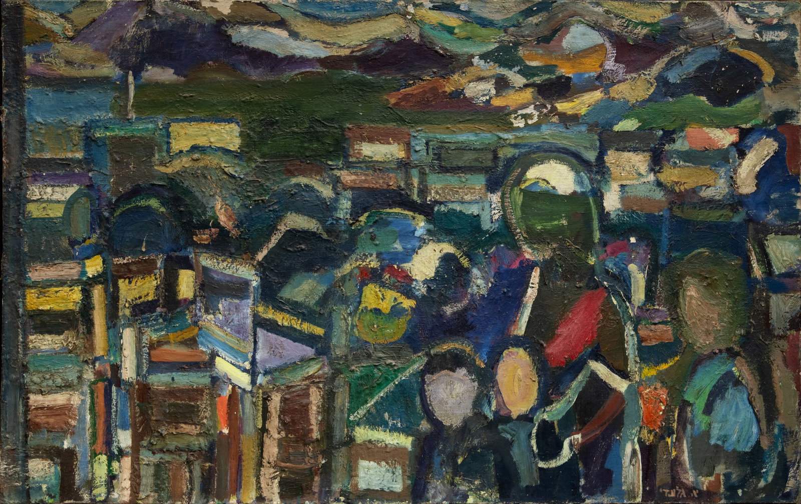 Aharon Giladi (1907-1993), Figures in a Landscape: Aharon Giladi (1907-1993), Figures in a Landscape Oil on canvas 1960 Signed (lower right), signed again and dated 1960 (on the reverse). 82 x 130 cm Provenance: Private collection, Jerusalem.