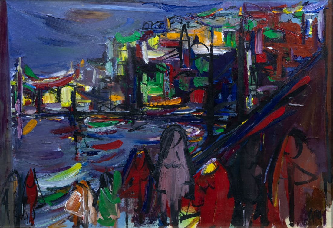 Avshalom Okashi (1916-1980), Harbor: Avshalom Okashi (1916-1980), Harbor Oil on paper Signed (lower right). 67 x 48 cm Provenance: Private collection, Jerusalem. <
