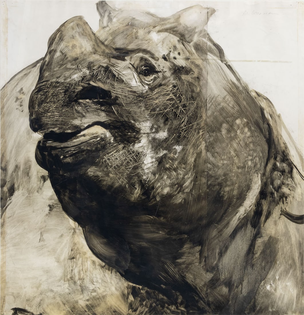 Miriam H. Beerman (1923-2022), Great Indian Rhinoceros: Miriam H. Beerman (1923-2022), Great Indian Rhinoceros Oil on paper Signed (upper right). 87 x 85 cm Provenance: The Clarefeld family collection , Tel Aviv. Purchased at Graha