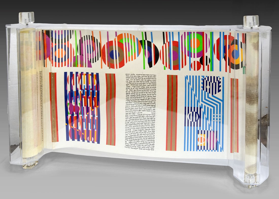 Yaacov Agam, Megilah - Esther Scroll - In a Custom Perspex Case: Yaacov Agam, Megilah - Esther Scroll - In a Custom Perspex Case Serigraph on parchment Signed in Hebrew and English. Text in square Ashkenazic script, arranged in 11 columns on 8 membranes. </