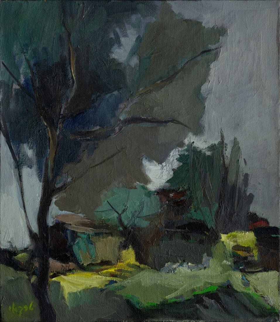 Isaac Tarkay (), Landscape: Isaac Tarkay (), Landscape Oil/acrylic on canvas Signed (lower left), dedicated and dated 19.12.86 (on the reverse). 40 x 36 cm Provenance: The Clarefeld family collection , Tel Aviv. Gif