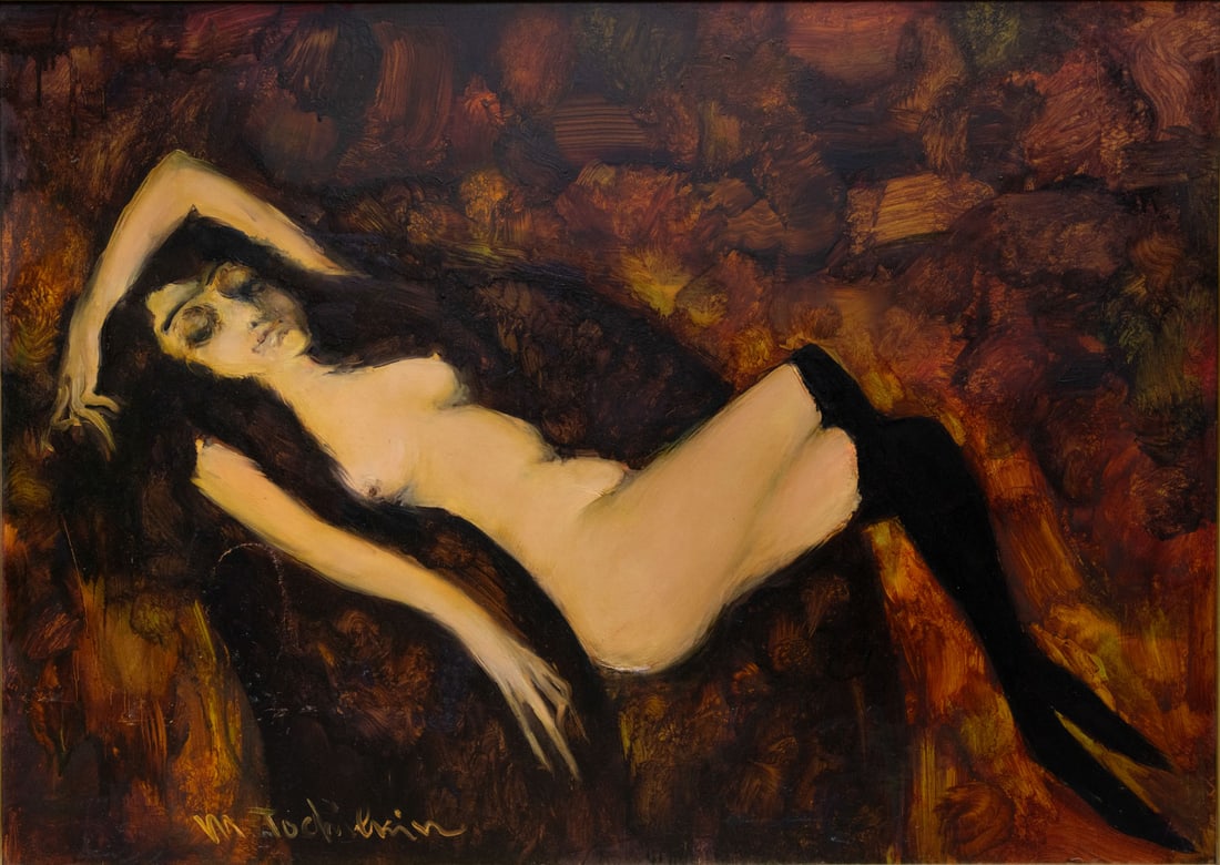 Mark Tochikin (b. 1958), Nude: Mark Tochikin (b. 1958), Nude Oil on paper laid down on canvas Signed (lower left). 85.5 x 120 cm Provenance: Estate of Chava and Mordechai Genis. Purchased directly from the artist.<