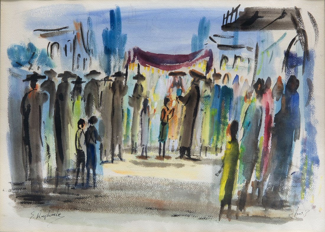 Zvi Raphaeli (1924-2005), Chupah: Zvi Raphaeli (1924-2005), Chupah Watercolor on paper Signed in Hebrew (lower right) and signed again in English (lower left). 34 x 45 cm Condition: For a condition report, please contact off