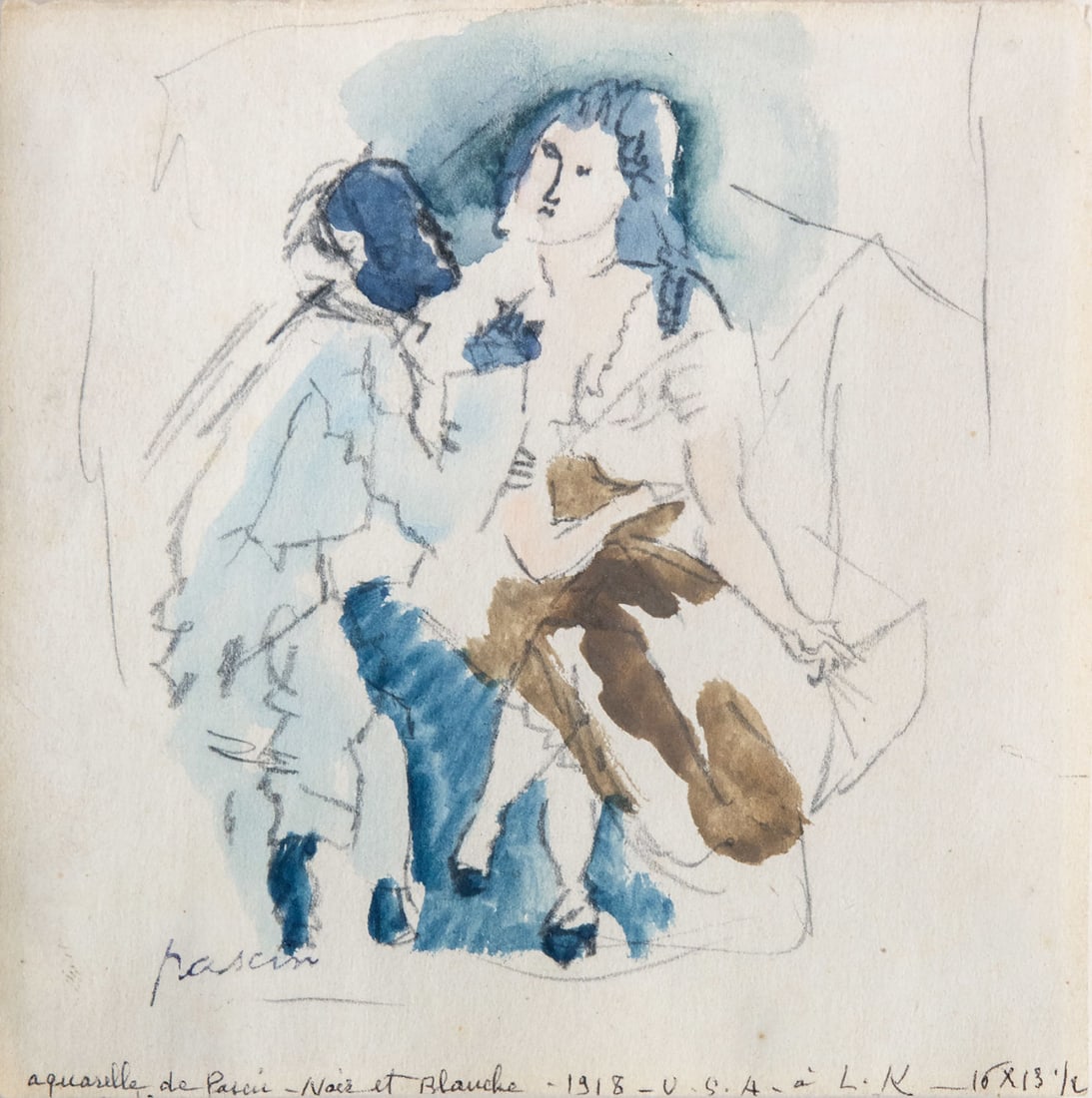 Jules Pascin (1885-1930), Noir et Blanche: Watercolor and pencil on paper 1918 Signed (lower left), titled, dated 1918 and inscribed (lower edge). 13.5 x 14 cm