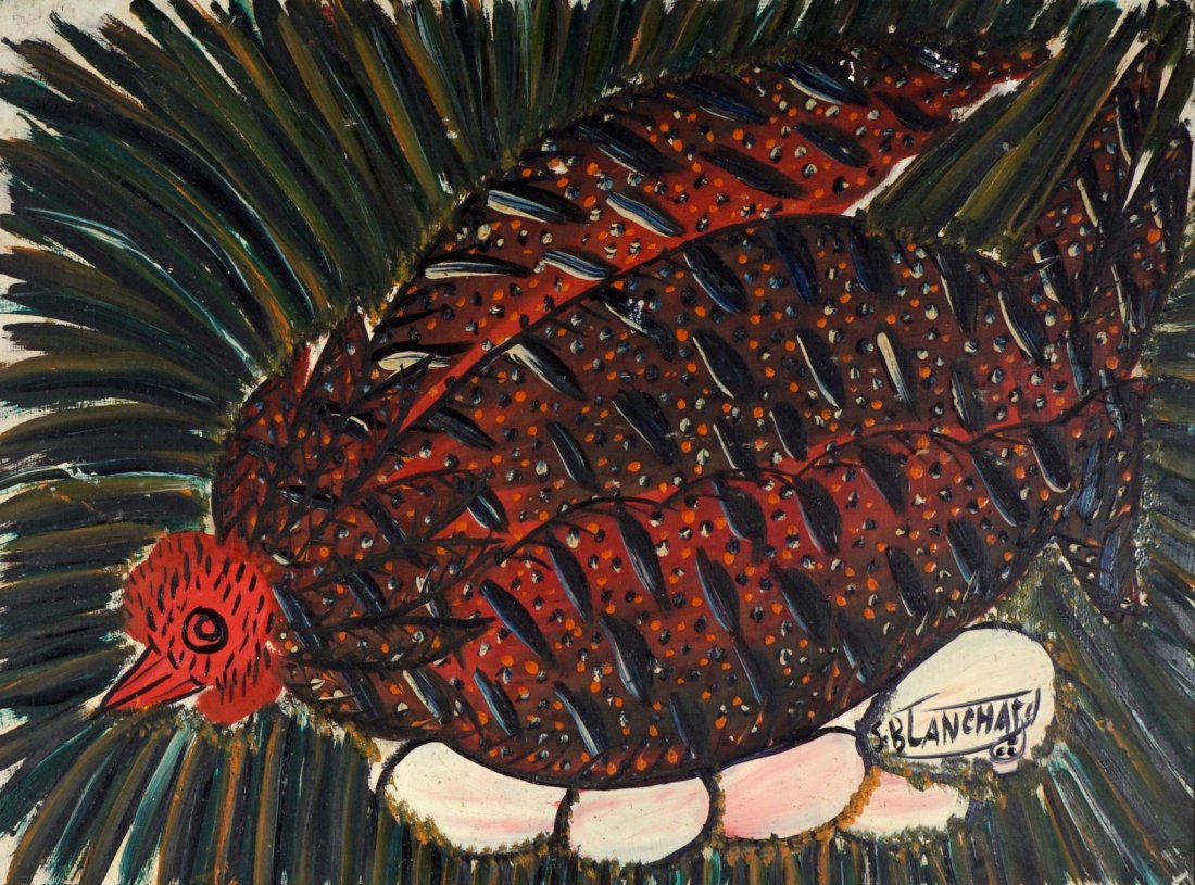 Sisson Blanchard Haitian Chicken Painting: SISSON BLANCHARD HAITIAN CHICKEN PAINTING: BLANCHARD, Sisson, (Haitian, 1929-1981): Chicken sitting on clutch of eggs, Oil/Masonite, signed lower right, 12” x 16”, framed 13 ¼” x 17 ¼”.