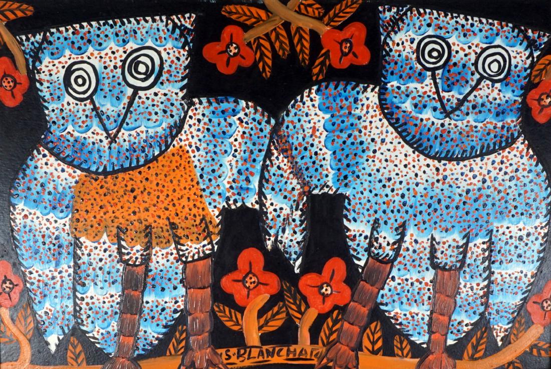 Sisson Blanchard Haitian Owls Painting: SISSON BLANCHARD HAITIAN OWLS PAINTING: BLANCHARD, Sisson, (Haitian, 1929-1981): 2 owls with flowers, Oil/Masonite, singed lower middle, 16" x 24", carved framed 22" x 30".
