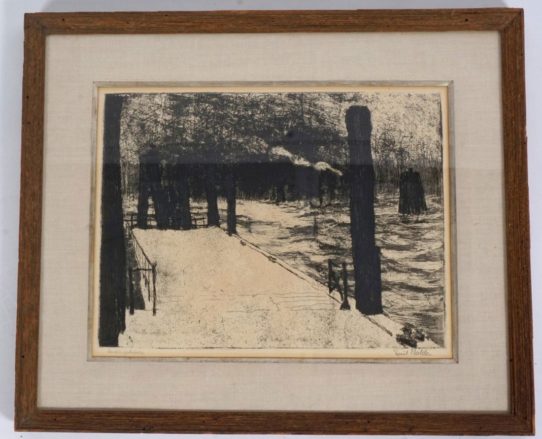 Emile Hansen Nolde Hamburg Etching: EMILE HANSEN NOLDE HAMBURG ETCHING: NOLDE, Emil Hansen, (German 1867-1956): "Hamburg, Landungsbrucke", Etching, 1910 Expressionist landscape composition of a landing bridge in Hamburg Harbor. Pencil s