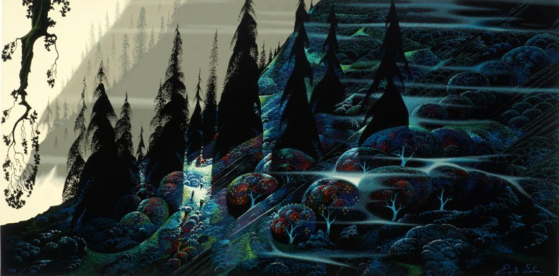 Eyvind Earle Black Spruce Serigraph: EYVIND EARLE BLACK SPRUCE SERIGRAPH: EARLE, Eyvind, (American, 1916-2000): Landscape with trees, Serigraph, signed lower right, numbered 168/170, Robert Bane Limited, image size 20” x 40”, overall