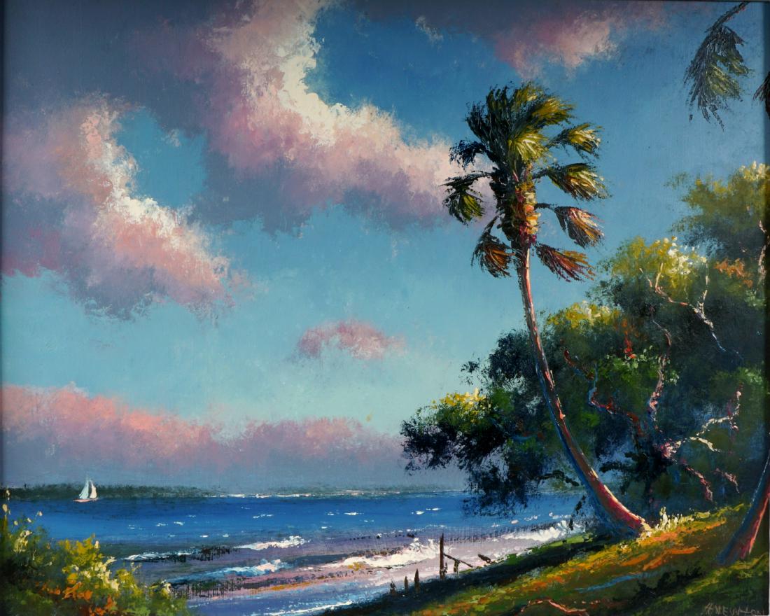 Harold Newton Florida Highwaymen Painting: HAROLD NEWTON FLORIDA HIGHWAYMEN PAINTING: NEWTON, Harold, (American, 1934-1994): Vibrant Florida Highwaymen Indian River scene with sailboat and trees, Oil/Masonite, signed lower right, 16” x 20”