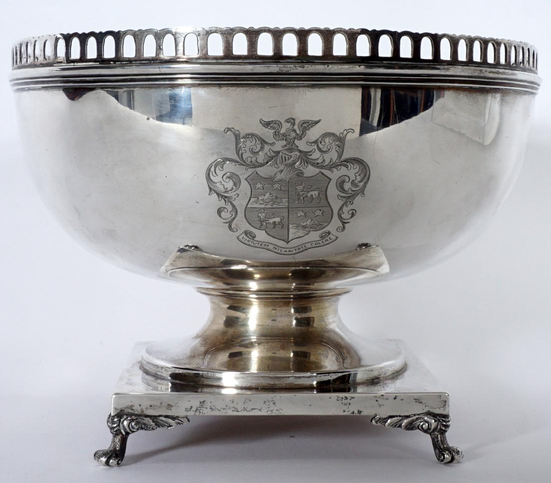 Kirk & Son Reticulated Sterling Silver Center Bowl: KIRK & SON RETICULATED STERLING SILVER CENTERBOWL: Reticulated top rim, footed, all on 4 scroll feet. Well marked S. Kirk & Sons, Sterling, 925/1000, 200, monogrammed. Measures 6 ½” h. x 9 ¼”. A