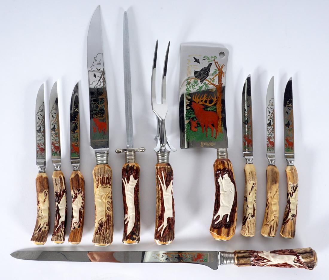 Anton Wingen Jr Carved Antler Handle Carving Set: ANTON WINGEN JR CARVED ANTLER HANDLE CARVING SET: 11 piece carving set in the original presentation box by Anton Wingen Jr., each with carved stag horn handle and engraved polychrome scene of game ani