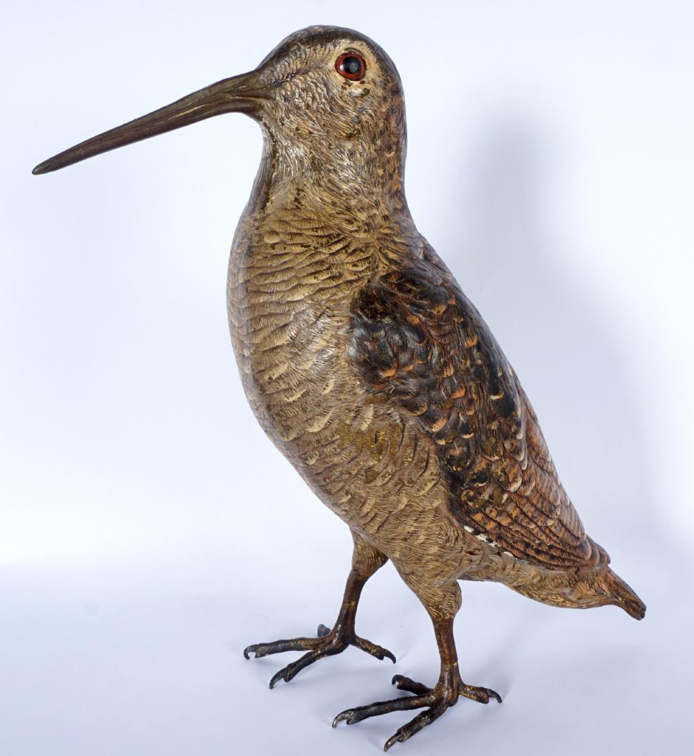 Bergman Austrian Cold Painted Bronze Woodcock: BERGMANN, Franz, (Austrian, 1861-1936): Figure of woodcock bird, impressed Gesch, and with the Bergman bag mark. 9.5" h. x 7.5" x 3.75".