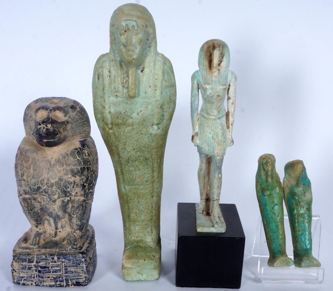 5 Egyptian Ushabti & Thoth Baboon Figure: An assembled collection of 5 pieces total to include 1) Earthenware pottery figure of Thoth in seated baboon form, blue glaze, 4.25" h. x 2" x 2". 2-4) 3 faience ubshati, tallest measures 6.25" h, the
