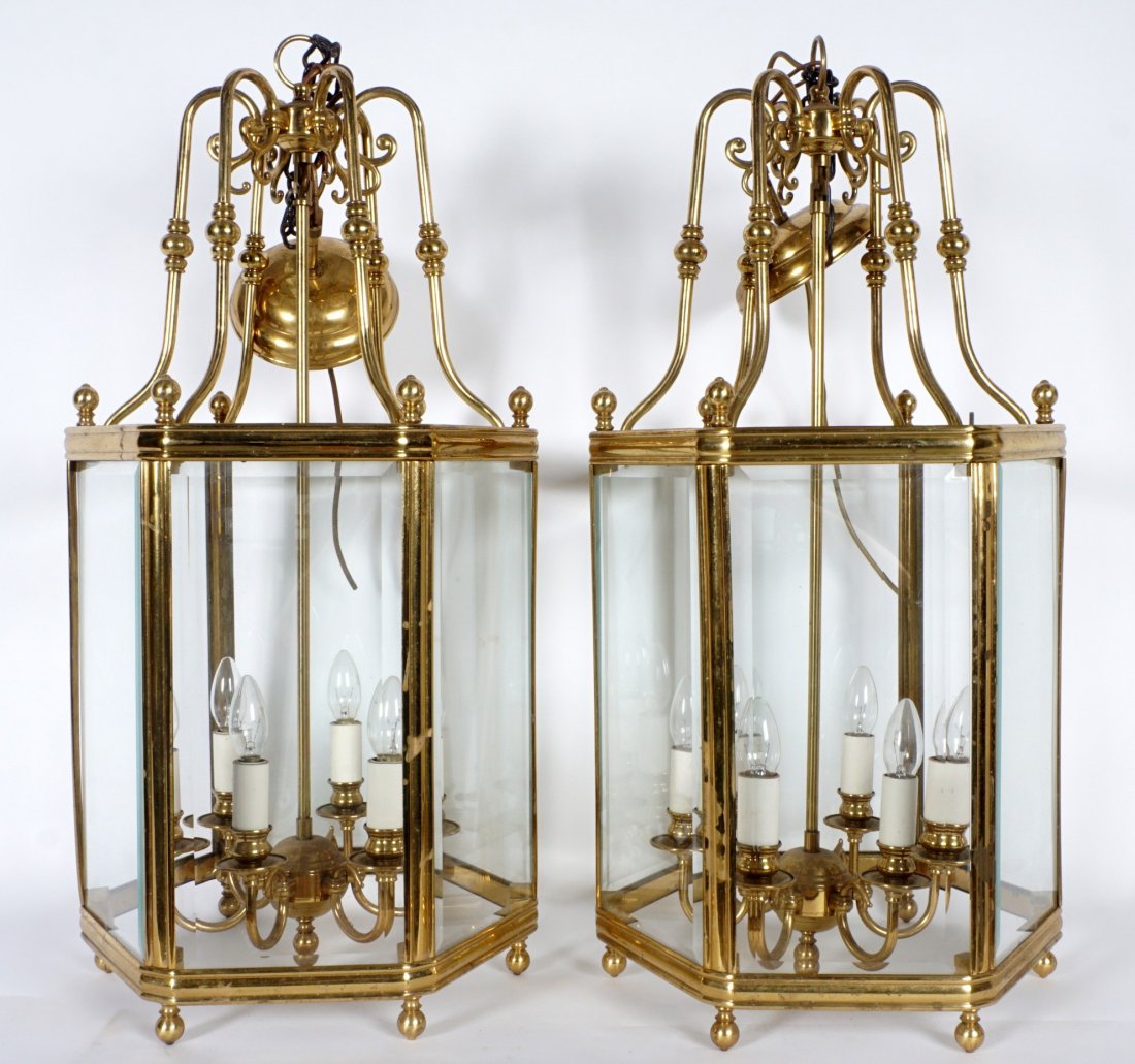 Pair Brass Hanging Carriage Lamps