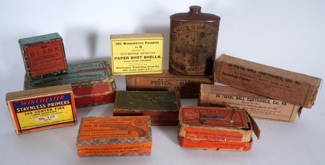 Collection of Antique & Vintage Boxed Ammunition: Assembled collection of 10 boxes of bullets, primers, cartridges, and blanks , all full or nearly full to include 1) "Winchester" .32 caliber for Smith & Wesson revolver blanks. 2) Remington United Me