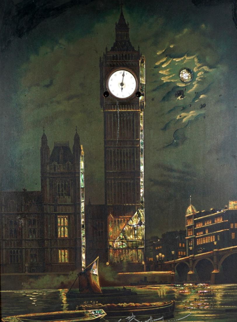 German Big Ben Picture Clock: Lithograph image of Big Ben enhanced with mother of pearl accents. Inset key wind clock at face of Big Ben. Framed with gilt metal mounts, overall 27.5" x 21.25" x 3.5". Condition: Scratches and chips