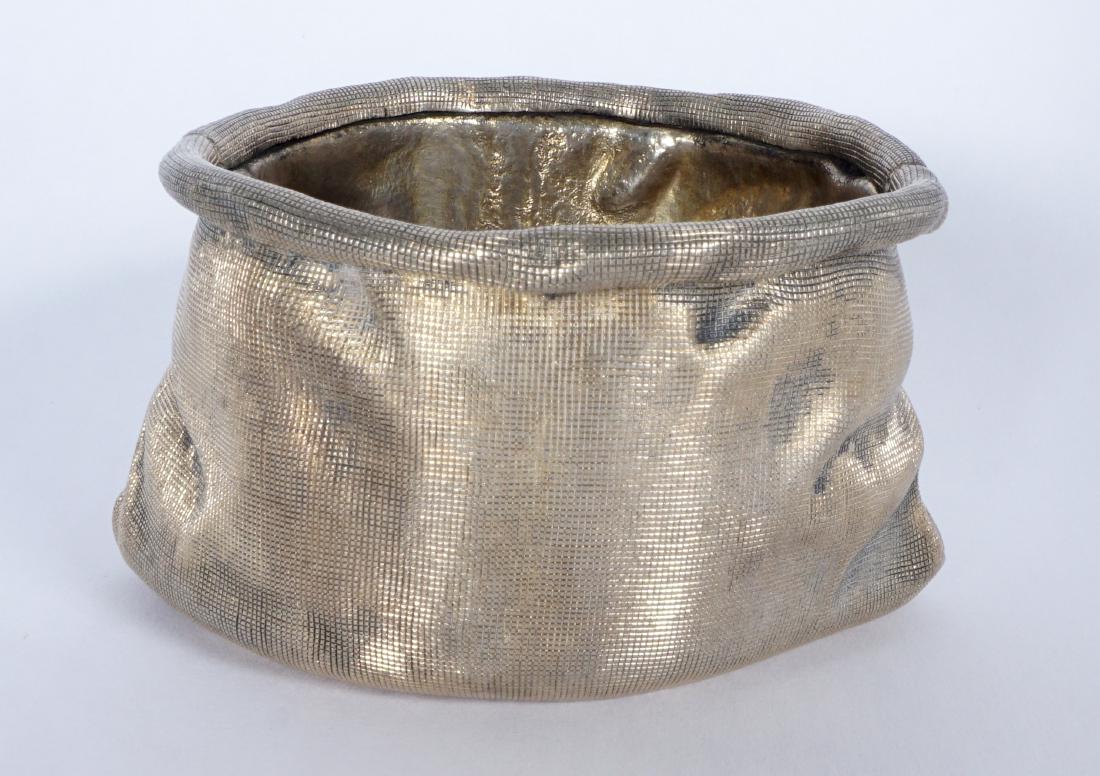 Russian Silver Trompe L'oeil Bag: Form of a bag or sack, spurious Pavel Ovchinnikov mark and imperial warrent on base, 1.75" h. x 3" x 2 .75", approx. 3.2 troy oz.