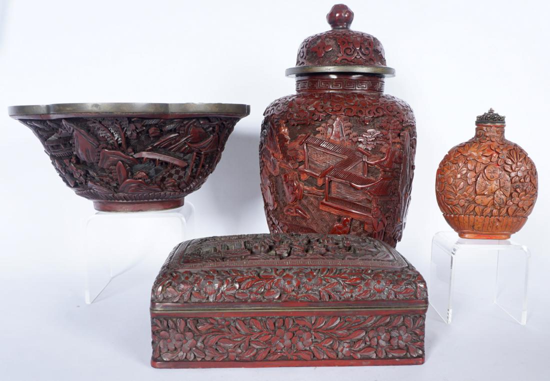 4 Piece Chinese Carved Cinnabar items: 4 pieces oxblood lacquered cinnabar items total, circa late 19th to early 20th century to include 1) Covered baluster form jar, outdoor genre scenes with figures, buildings, landscapes, bend to inner