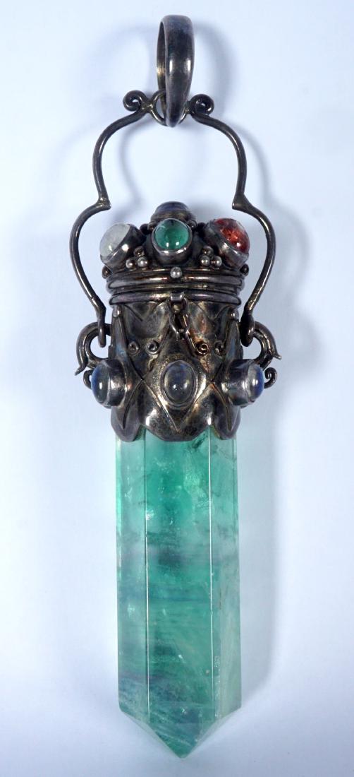 Som's Sterling & Quartz Bejeweled Perfume: Sterling silver mounted green quartz pendant, hinged lid with 7 inset cabochon stones, marked inside lid "Som's, 925". Embossed mount with 6 inset cabochon stones, articulated handle with ring, 4" lon