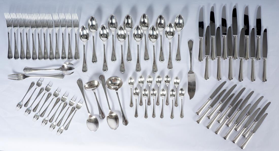 Christofle Silverplate Flatware Service: Approx. pieces by Christofle France to include 12 forks (8.125"), 12 oyster forks (6"), 12 teaspoons (5.5"), 12 soup spoons (8.25"), 12 knives (7.625"), 12 knives (8"), tablespoon (10"), salad set (fo