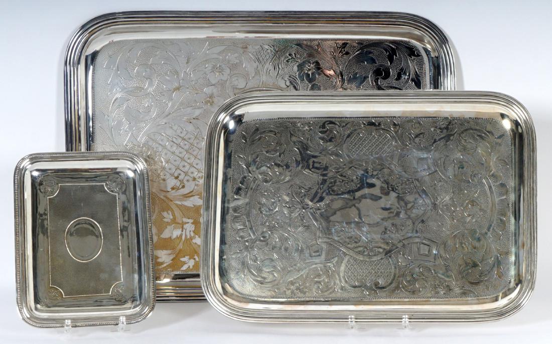 3 Christofle Silverplate Tray: Each with engraved decoration, all 3 marked, dmallest 8.75" x 66.5", largest 20" x 15". Condition: All 3 with signs of usr, largest with loss of plate.