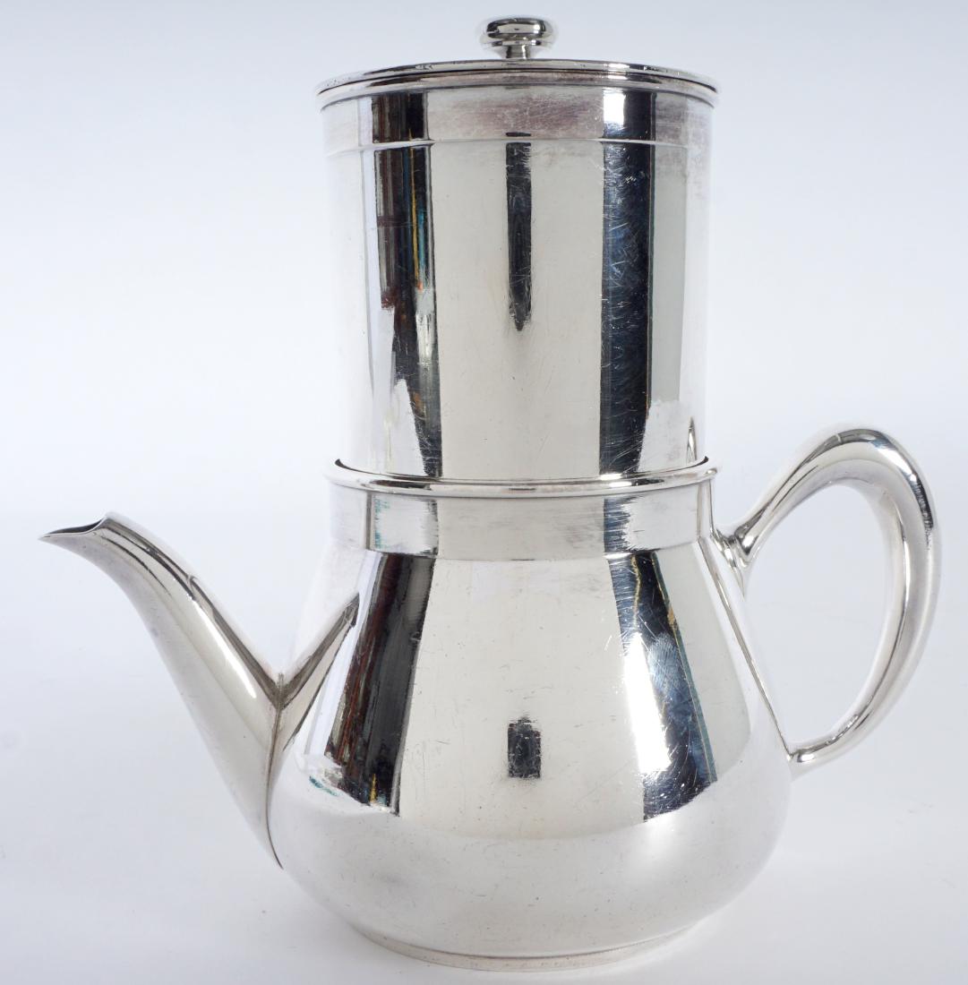 Christofle Silverplate French Press Coffee Pot: Coffee or chocolate pot with French press top, well marked on base. Overall 7.25" h. x 8". Condition: Minor signs of use.