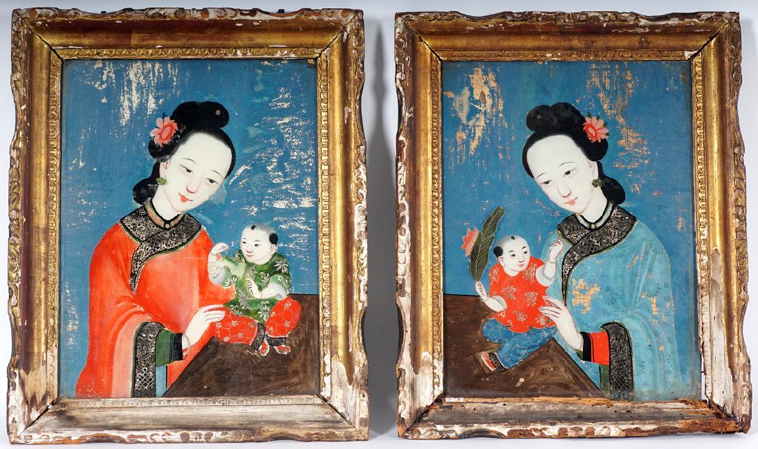 Pair Chinese Reverse Painted Portraits: Each with portrait of mother and child, reverse painted on glass, sight size 15.25" x 11.75". Carved parcel gilt frame, 19.5" x 15.75". Condition: Loss of paint, damage to frames. Sold as-is.