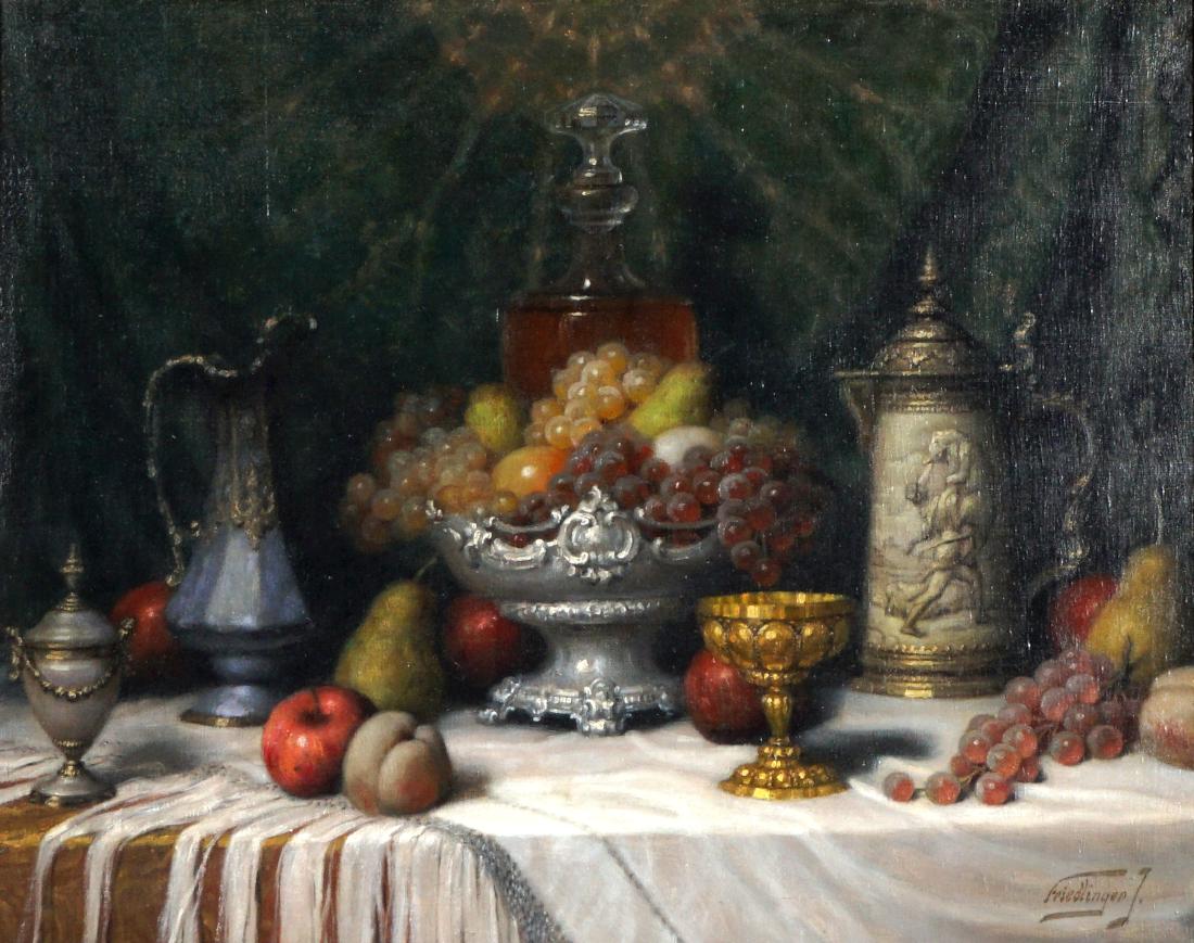 Jeno Friedlinger Still Life Painting: FRIEDLINGER, Jeno (John), (Hungarian, 1890-?): Still life featuring fruit in bowl, tankard, ewer, decanter, chalice, and more on table, flowing drapery background, Oil/Canvas, signed lower right, 24"