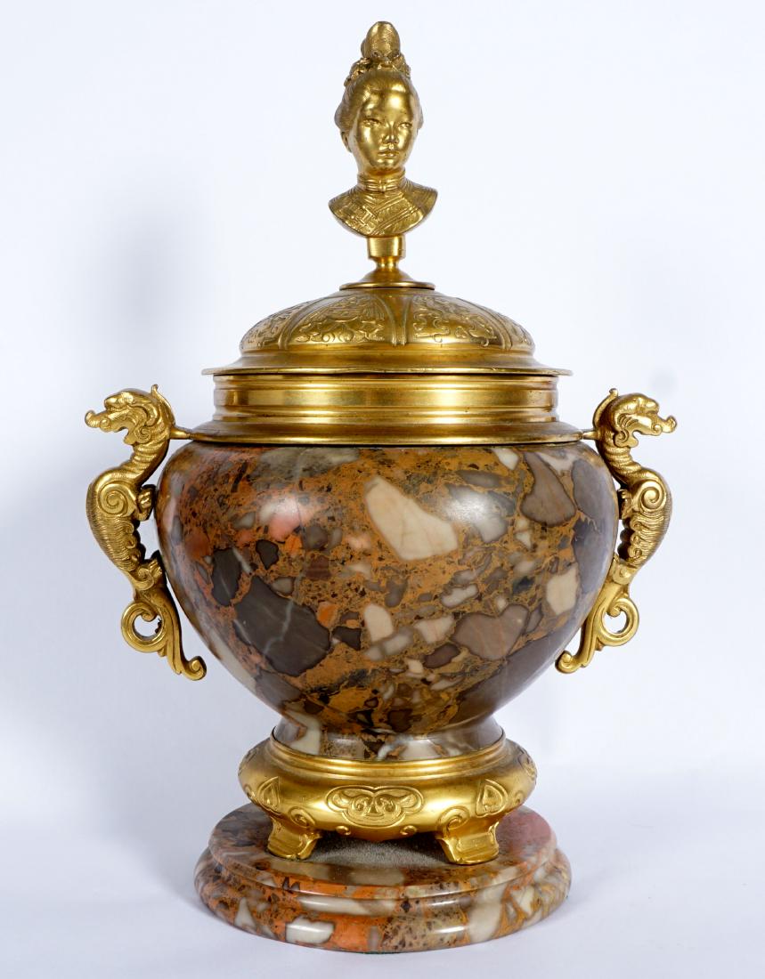 Gilt Bronze Mounted Marble Censer: Marble or similar stone urn form body, gilt bronze lid with figural Chinese maiden bust finial, stylized dragon handles, footed base affixed to marble plinth. Measures 11" h. x 7.25".