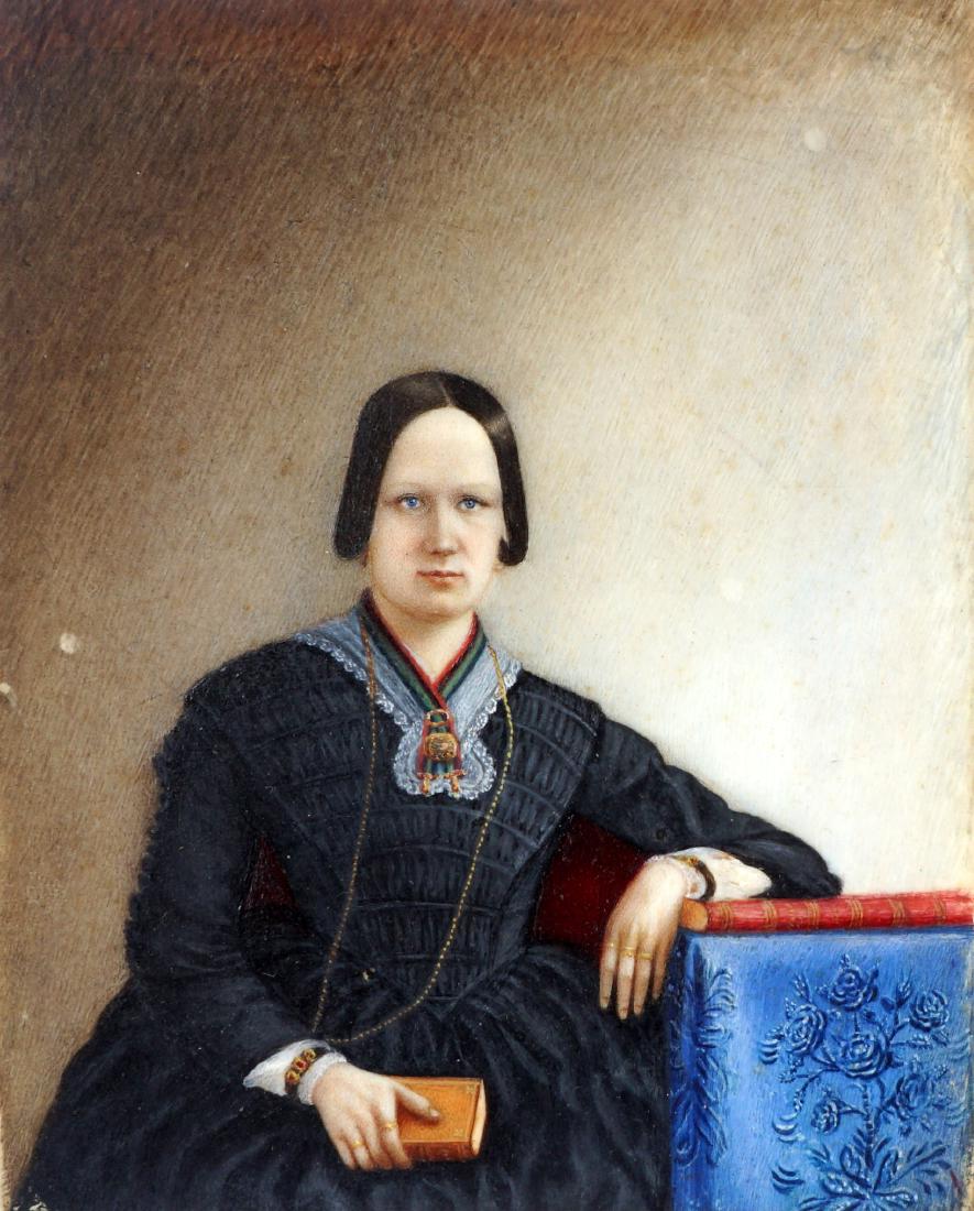 Miniature Portrait of Amelia D. Strawn: Seated portrait of Amelia D. Strawn, daughter of Amelia M. Strawn, no visible signature, excellent detail to chair and dress, 4.75" x 3.75". Condition: Small fleck left center.