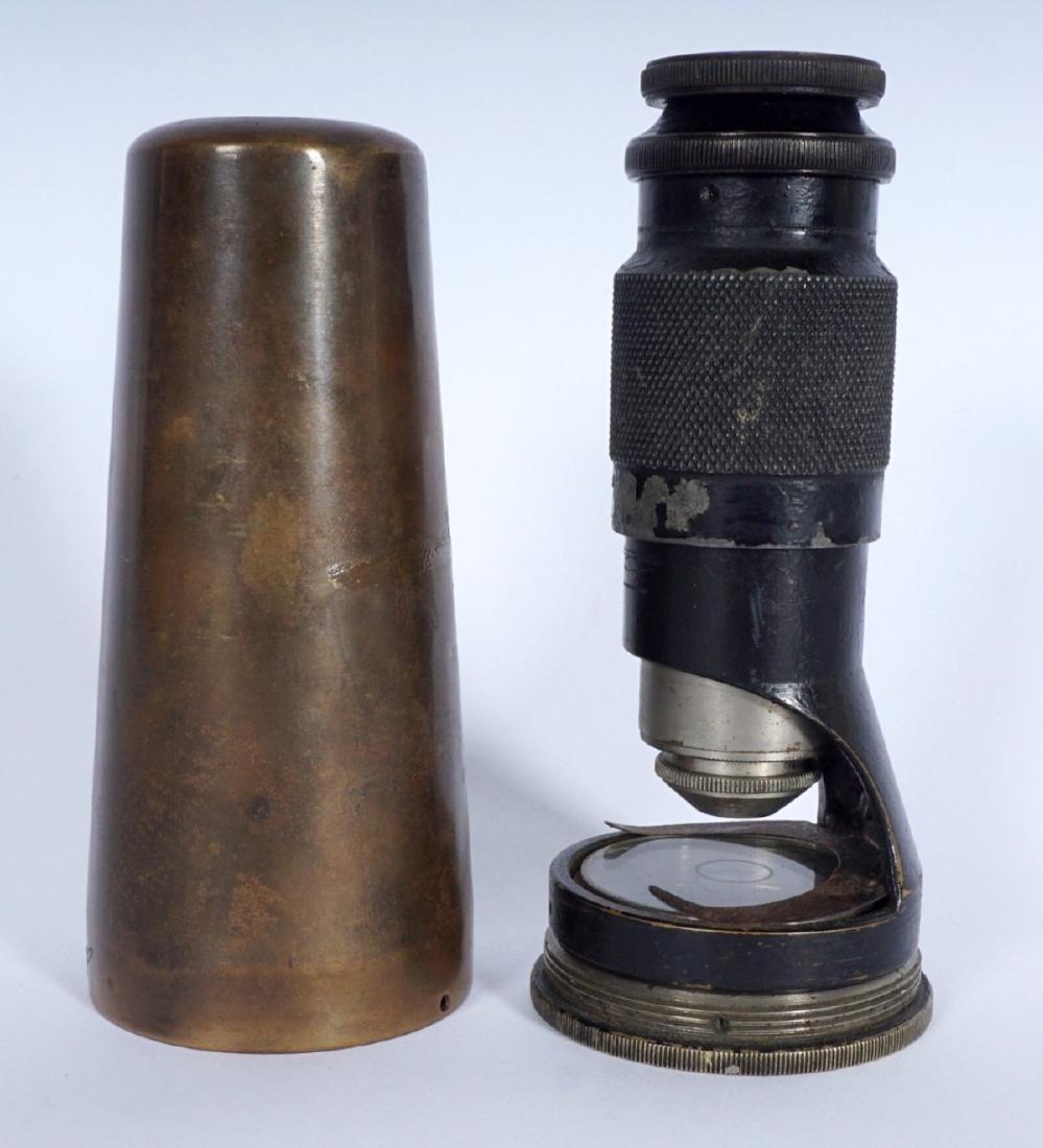 Hendsolt Wetzlar Brass Travel Microscope: Marked Hensoldt Wetzlar 8997 and inscribed Drew King. Fitted brass cover marked Germany, 4" h. x 2" base dia.